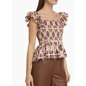 Mille Athena Smocked Peplum Ruffle Sleeve Geometric Print Top NEW X-Large